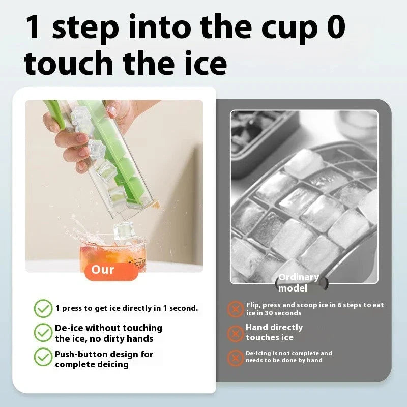 Premium one-touch ice cube tray in Maldives color and pearl white, with features like food-grade materials, easy ice cube release, and convenient storage box