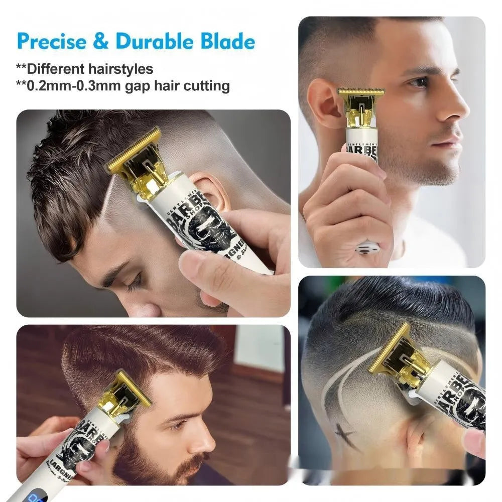 Rechargeable stainless steel hair clipper kit with USB cable on a table