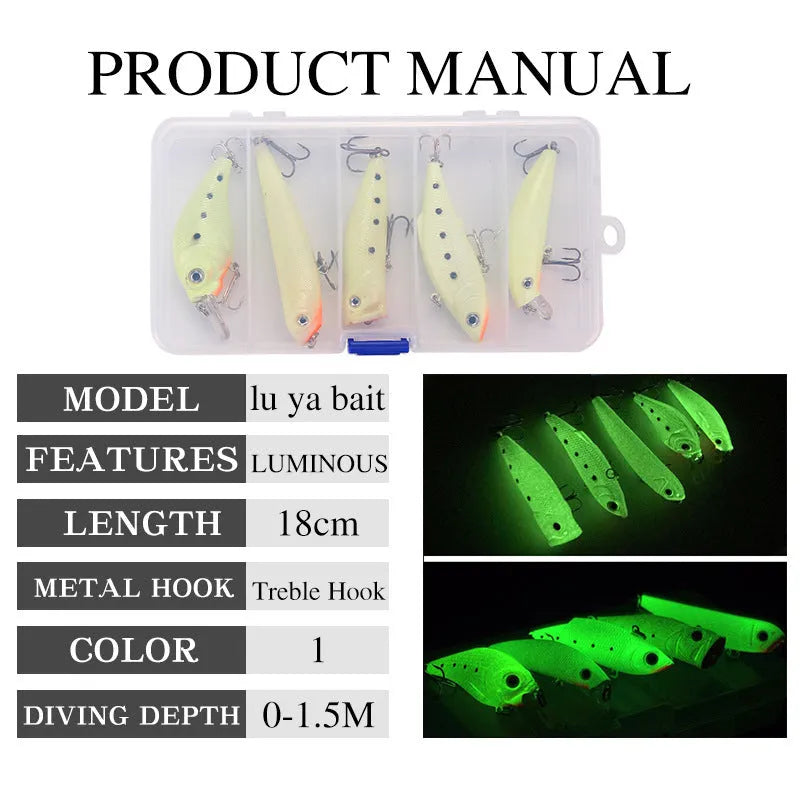 Set of five 3D fluorescent simulation luminous hard bait fishing lures with realistic fish appearance