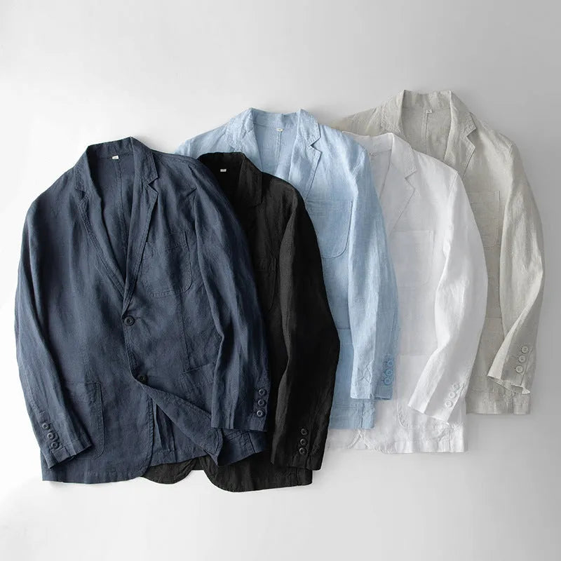 Men's linen suit jacket in casual loose fit with long sleeves, available in solid colours including white, black, linen, sky blue and navy blue, offered in sizes S, M, L, XL and XXL, suitable for year-round wear.
