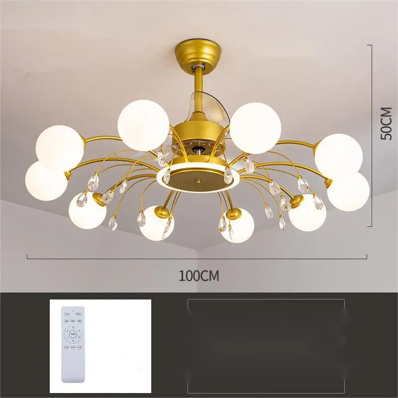 Black and gold ceiling fan lamp with acrylic shade and metal blades, shown with remote control.