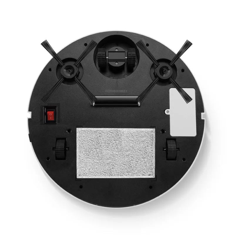 Automatic sweeping robot for home floors, one-touch start cleans dust, hair, pet dander and small debris, 28cm diameter by 6.8cm height, rechargeable 3000mAh battery, ABS plastic construction in a colour box.