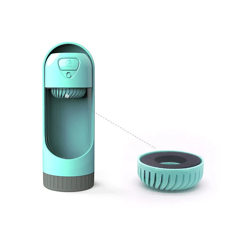 Dog hanging water cup in sky blue, pink, yellow, and green with 300ml capacity and waste-free valve