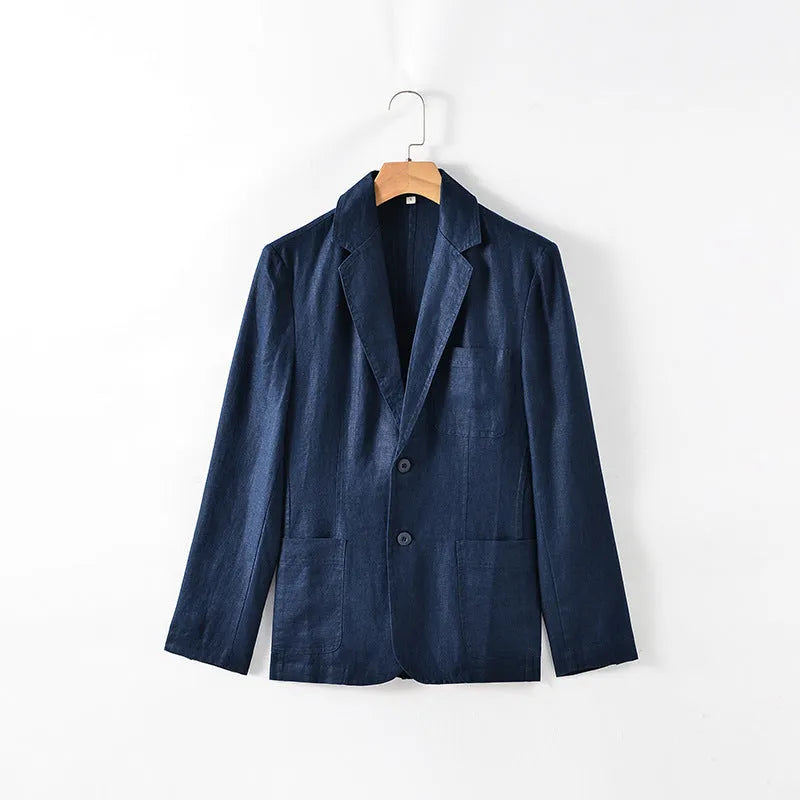 Men's lightweight linen blazer coat in solid colour on hanger showing simple design and size stick pocket