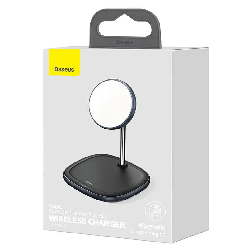 Swan Magnetic Desktop Stand Wireless Charger in white holding an iPhone 12 at an angle on a wooden desk