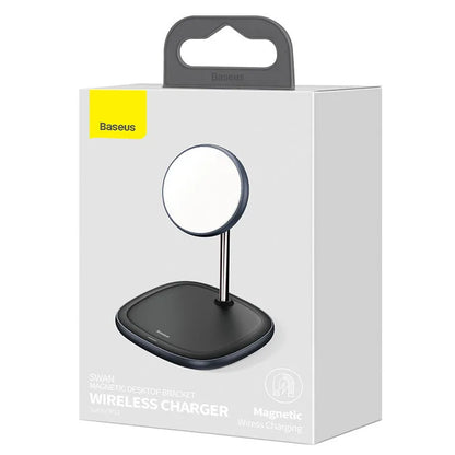 Swan Magnetic Desktop Stand Wireless Charger in white holding an iPhone 12 at an angle on a wooden desk
