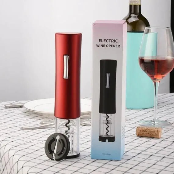 Black automatic electric wine opener with foil cutter showing battery compartment and cork removal mechanism