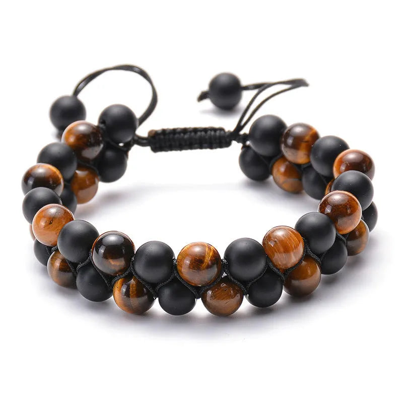 Tiger eye couple bracelets with matte black agate beads in geometric design