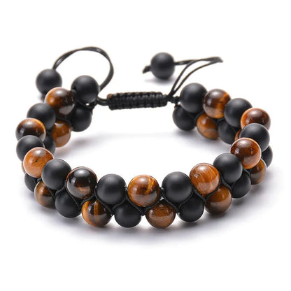 Tiger eye couple bracelets with matte black agate beads in geometric design