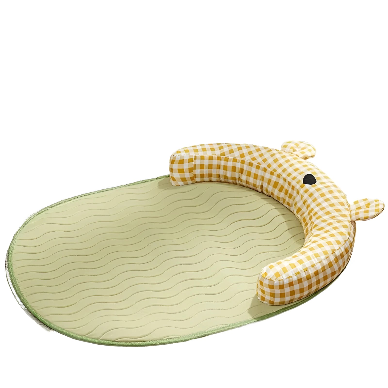 Green and yellow four-season cooling dog mat with waterproof underside in four sizes for small to medium pets