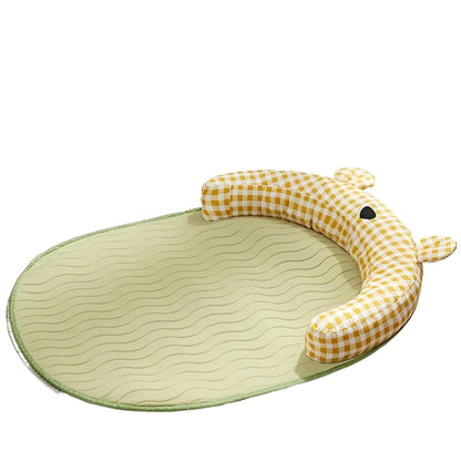 Green and yellow four-season cooling dog mat with waterproof underside in four sizes for small to medium pets