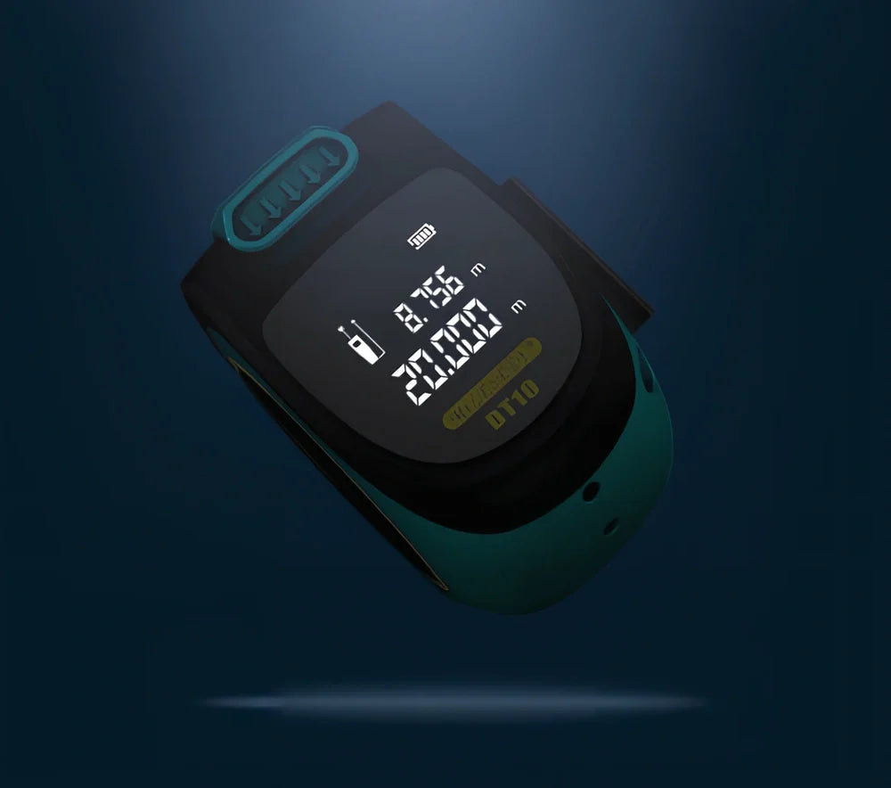 2-in-1 laser and tape measure tool with magnetic hook showing extended blade and laser measurement display