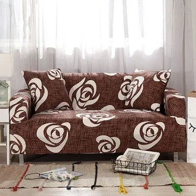 Printed stretchable sofa slipcover with geometric abstraction pattern on a three-seater sofa, showing tight fit and modern design.
