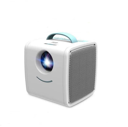 Mini home theatre projector showing size and distance parameters: 20-70 inch image, 1-3 metre throw.