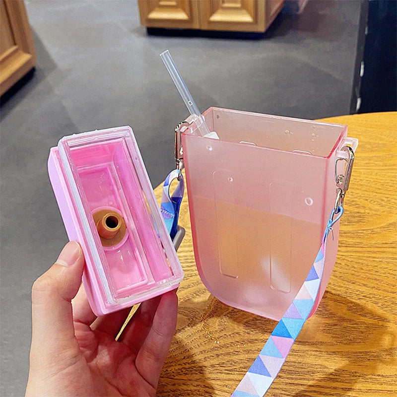 Summer children's water cup with anti-leak straw in pink, blue, yellow, and purple
