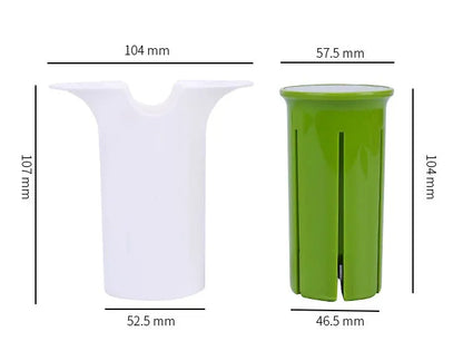 White ABS plastic kitchen slicer with six visible stainless steel blades for cutting cucumbers, carrots, and strawberries.