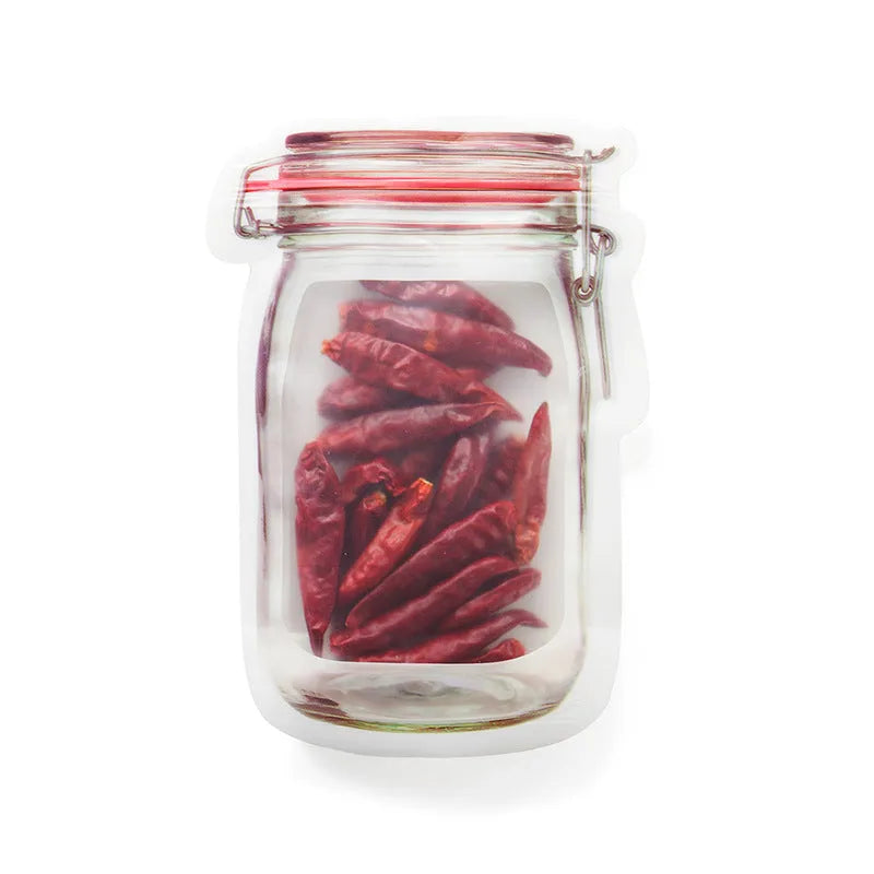 Red reusable self-sealing plastic bag for snacks with zipper closure, shown with biscuits.