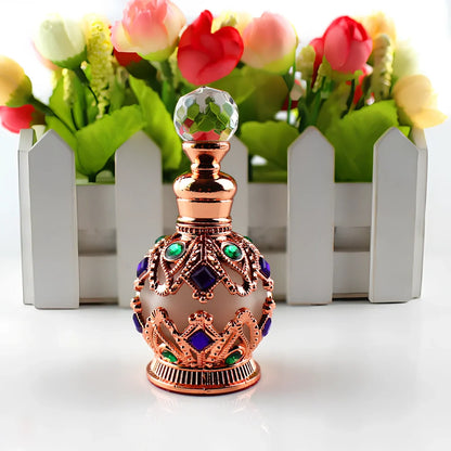 Arabic style glass perfume bottle with zinc alloy hardware and electroplated finish in choice of colours