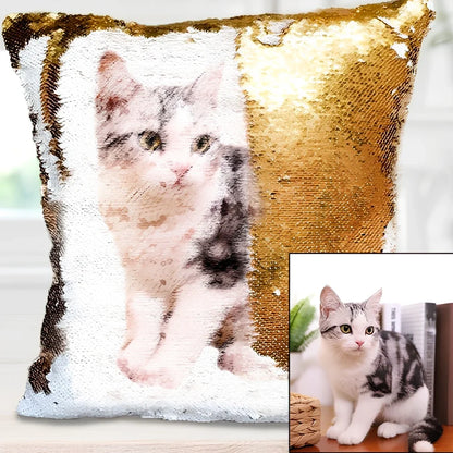 Custom photo sequin cushion cover measuring 40cm square with reversible gold silver luminous surface