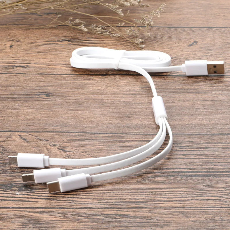 Three-in-one data cable, 1 m noodle style with one-to-three connectors, shown in black or white