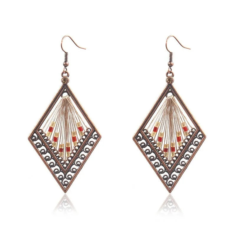 Bohemian geometric alloy earrings with colourful gold thread hand-woven detail, women's quadrilateral design, one pair