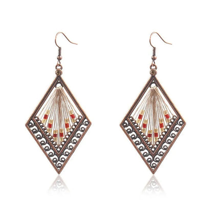Bohemian geometric alloy earrings with colourful gold thread hand-woven detail, women's quadrilateral design, one pair