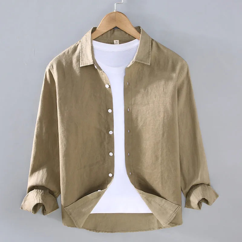 Men's pure linen long sleeve cardigan style shirt in solid colour