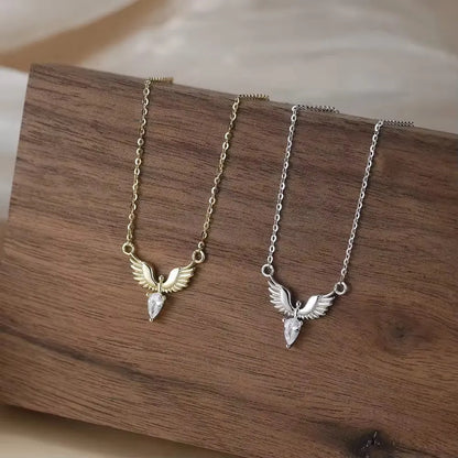 Adjustable sterling silver eagle pendant necklace with O-ring chain in white gold or yellow gold finish