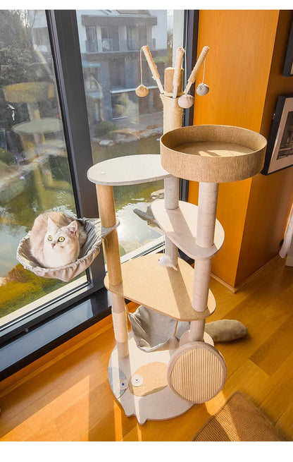 Large wooden cat tree with integrated shelf in Upgrade or Luxury colour for indoor cats