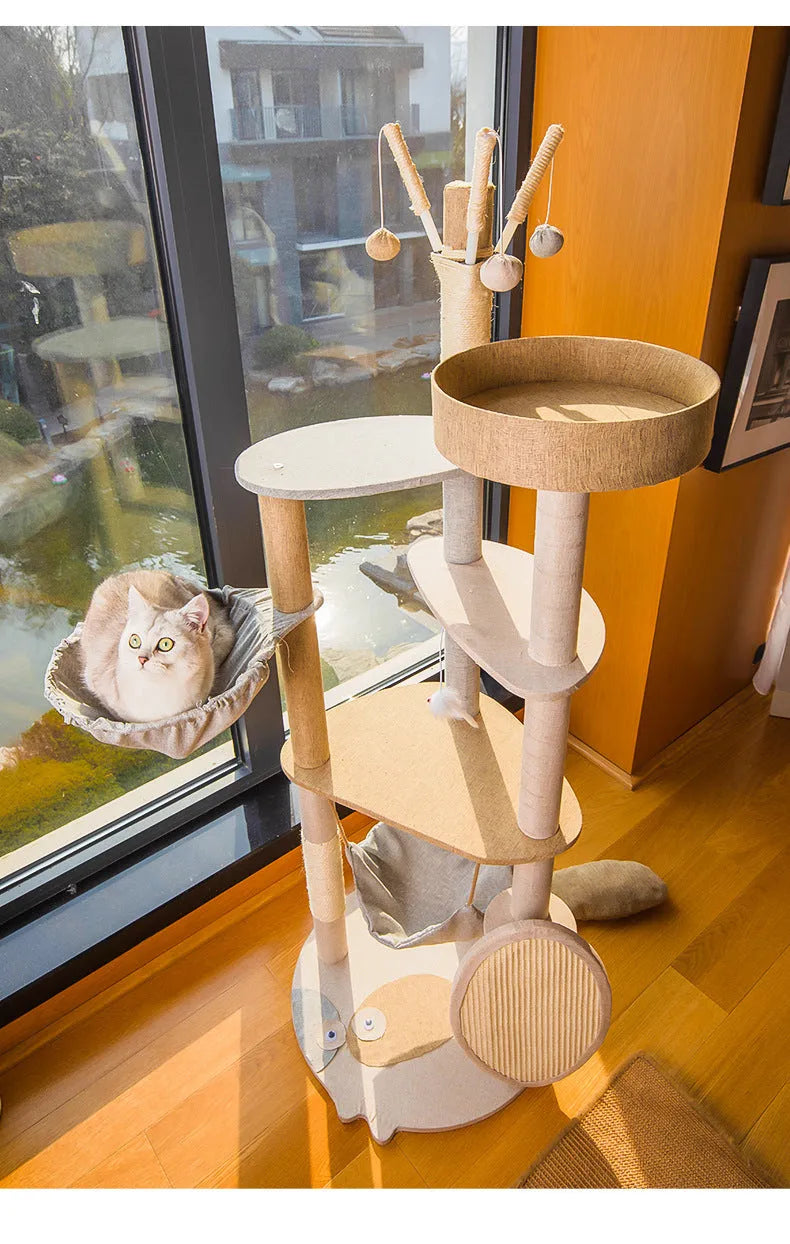 Cat Climbing Frame Large Integrated Shelf Cat Tree in Wooden Construction with Multi-Level Climbing and Resting Platforms for Indoor Cats, Available in Upgrade and Luxury Colour Options