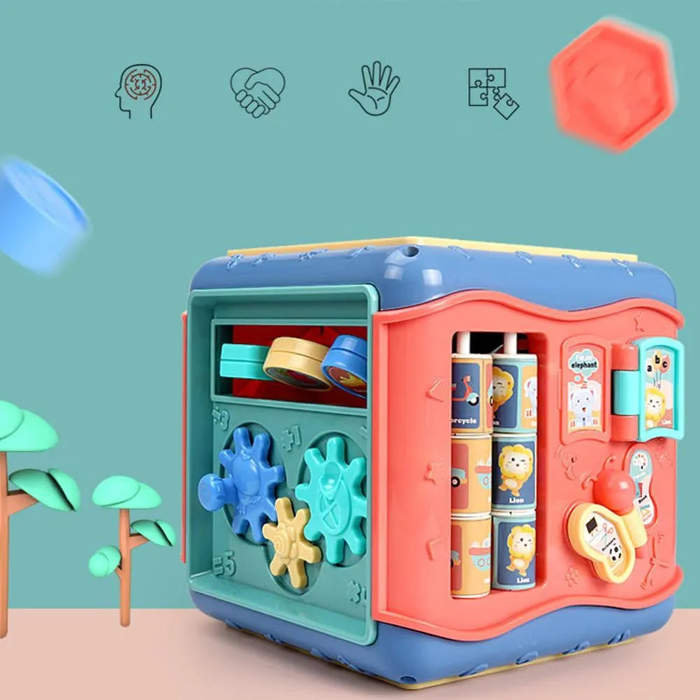 Colourful hexahedron educational toy with bead maze, gears, shape sorter, and clock face on different sides