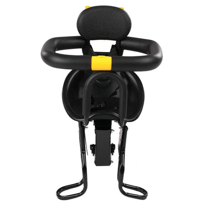Black front bicycle child seat with 20kg capacity, foldable pedals, and aluminum frame mounted on bike seatpost
