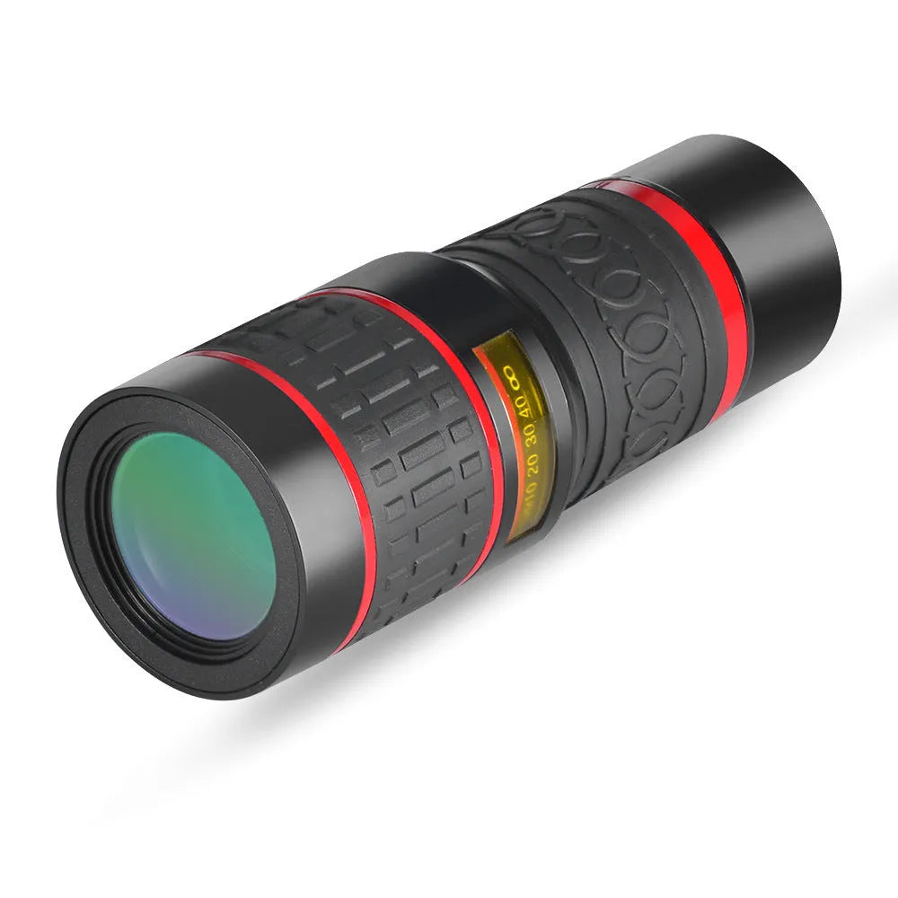 20x magnification smartphone telescope lens with universal mounting clip and eye mask on a white background.
