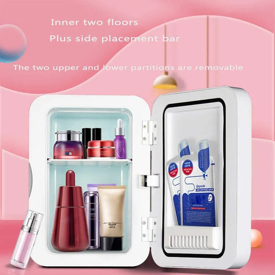 White portable mini fridge for makeup and food with removable shelf, showing power cords for car and home use.