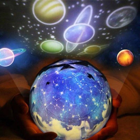 Galaxy Projection Lamp casting mesmerizing celestial imagery in a cozy home setting