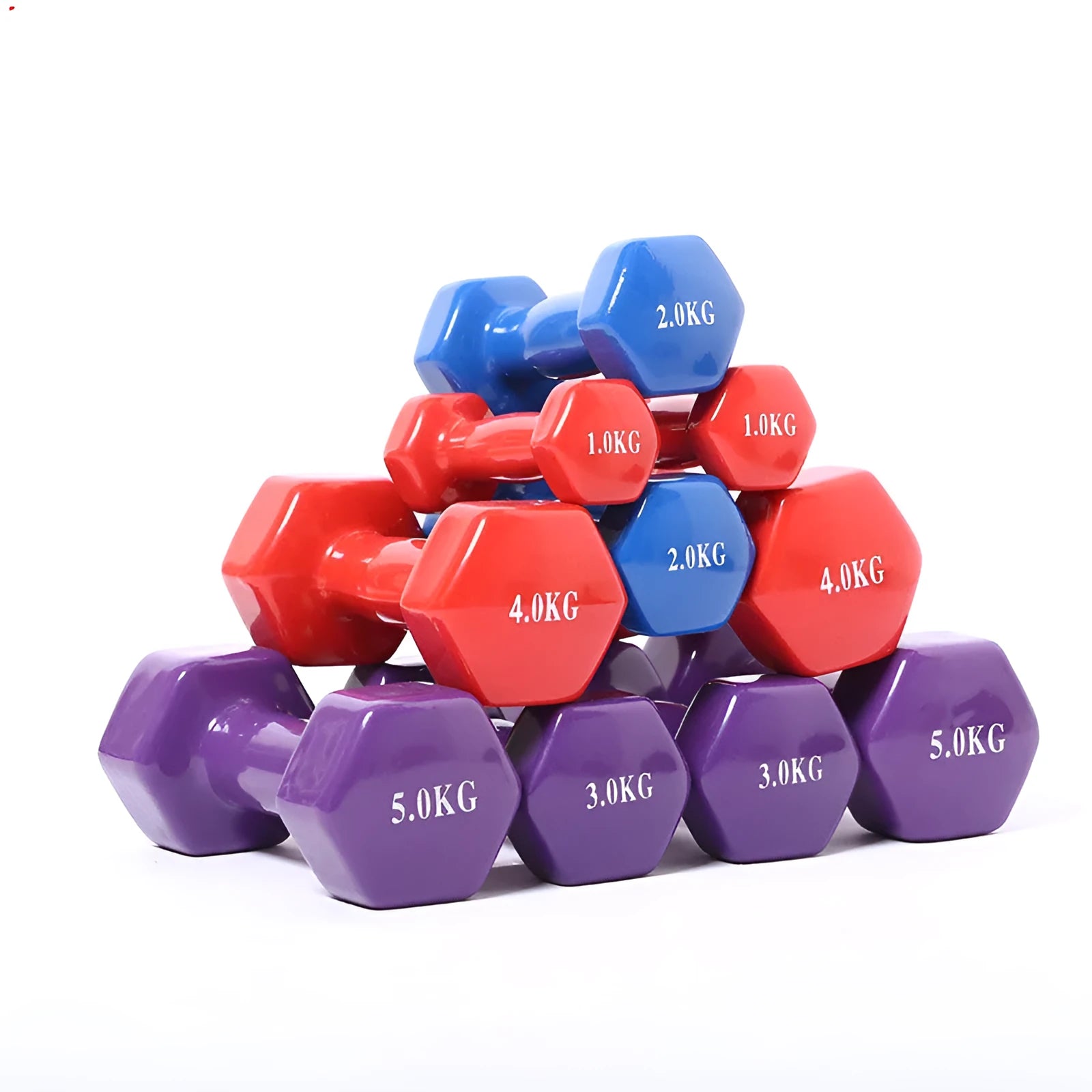 Set of bright coloured plastic-coated fitness dumbbells in 0.5kg, 1kg, and 1.5kg weights on a floor.