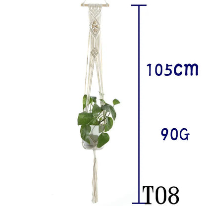 Handmade beige cotton rope net bag holding a plant pot, showing its textured sling design.