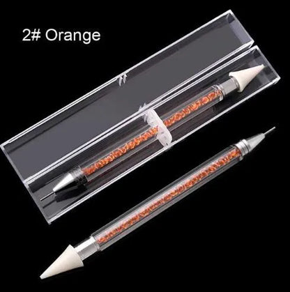 Dual-ended nail dotting pen with wax tip and metal picker for diamond painting and rhinestone placement