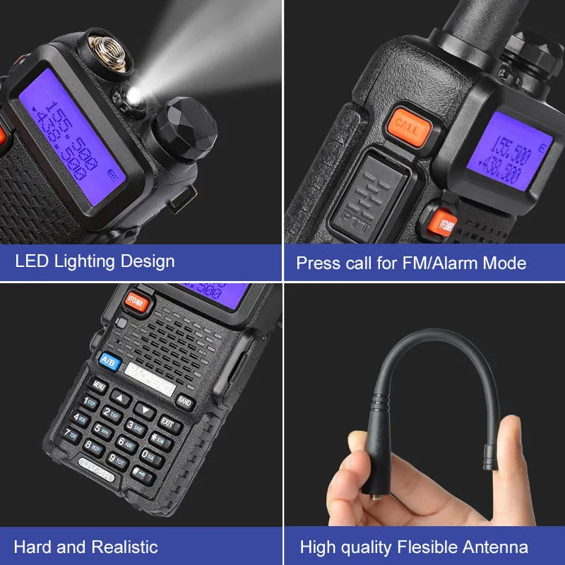 Black walkie talkie with antenna showing 128 channels and VHF/UHF frequency range for long-distance communication.