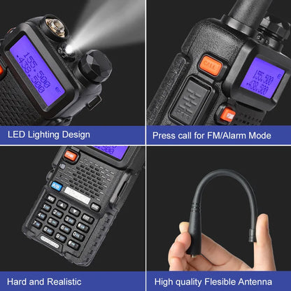 Black walkie talkie with antenna showing 128 channels and VHF/UHF frequency range for long-distance communication.
