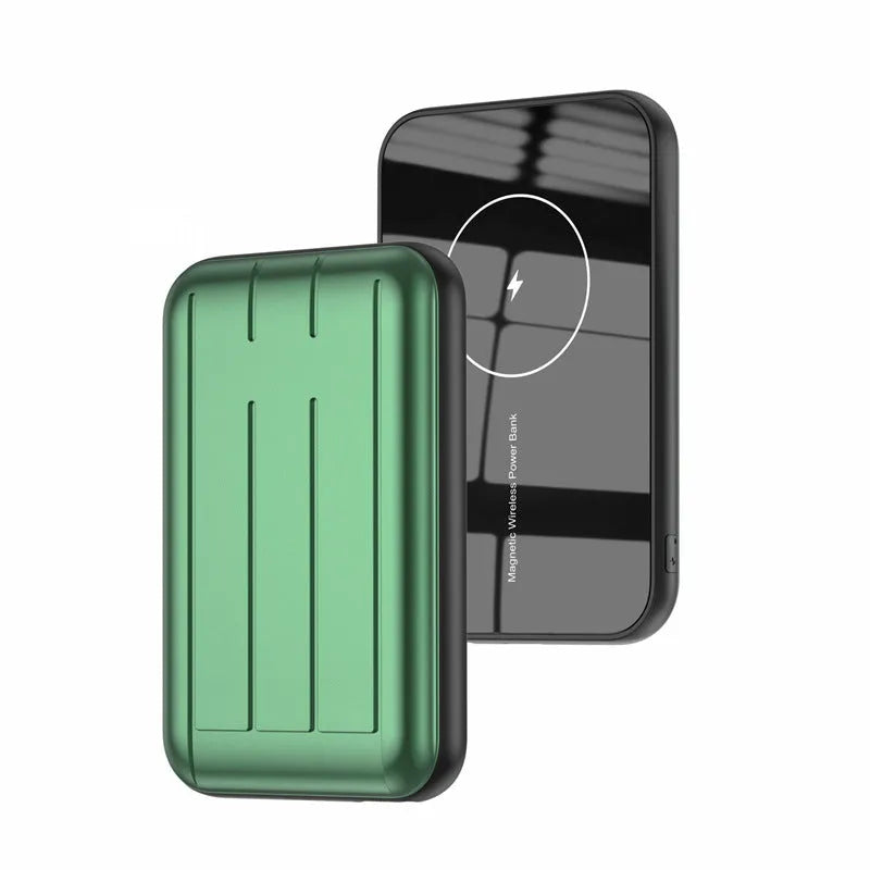 15W magnetic wireless charging power bank 5000mAh in blue, green, and grey, 98x64x16mm