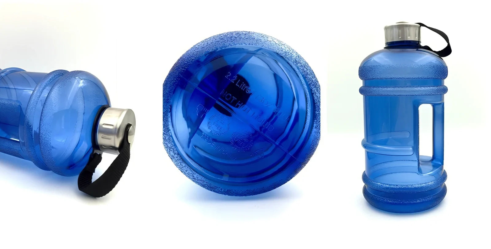 2-litre sports bottle with dumbbell shape in multiple colours including fuchsia, blue, pink, black, green, yellow