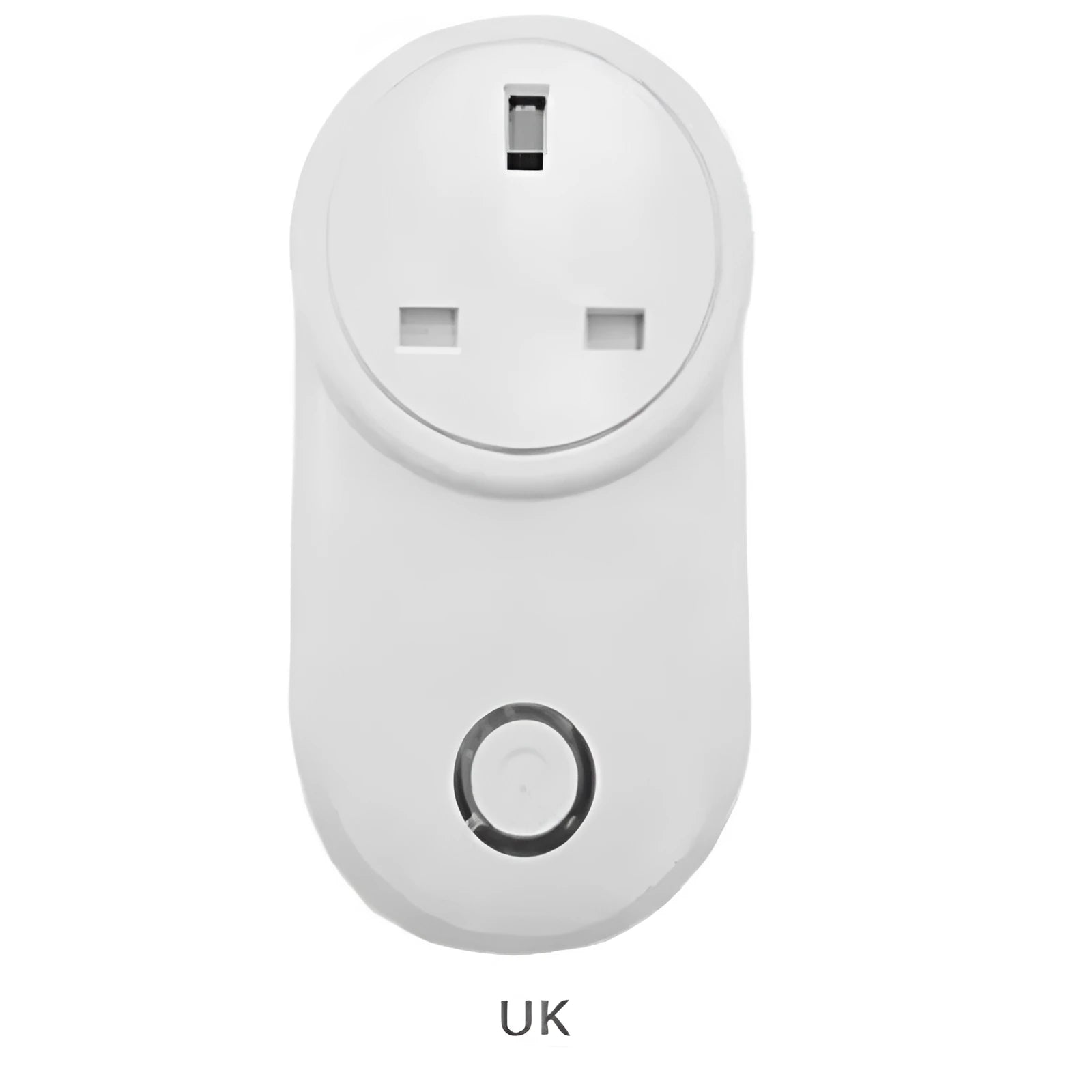 A neutral-colour wifi smart socket showing UK and US plug versions for remote and voice control.
