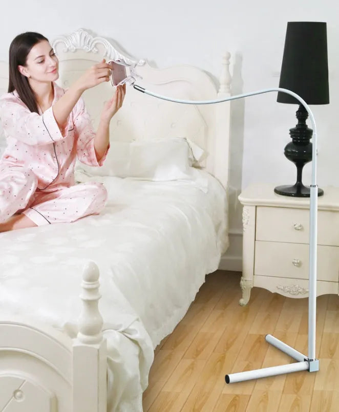 Mobile phone bed bracket with overhead shelf for bedside TV viewing in black and white colour options