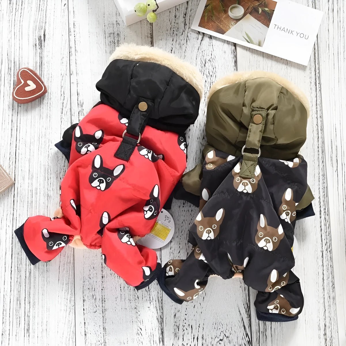 Four-legged dog cotton clothes in black or red, sizes S to XXL, showing back length and bust measurements