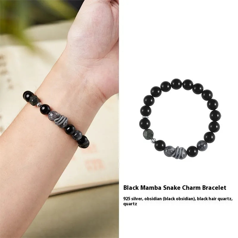 Men's black S925 sterling silver bracelet with obsidian crystal and snake zodiac design