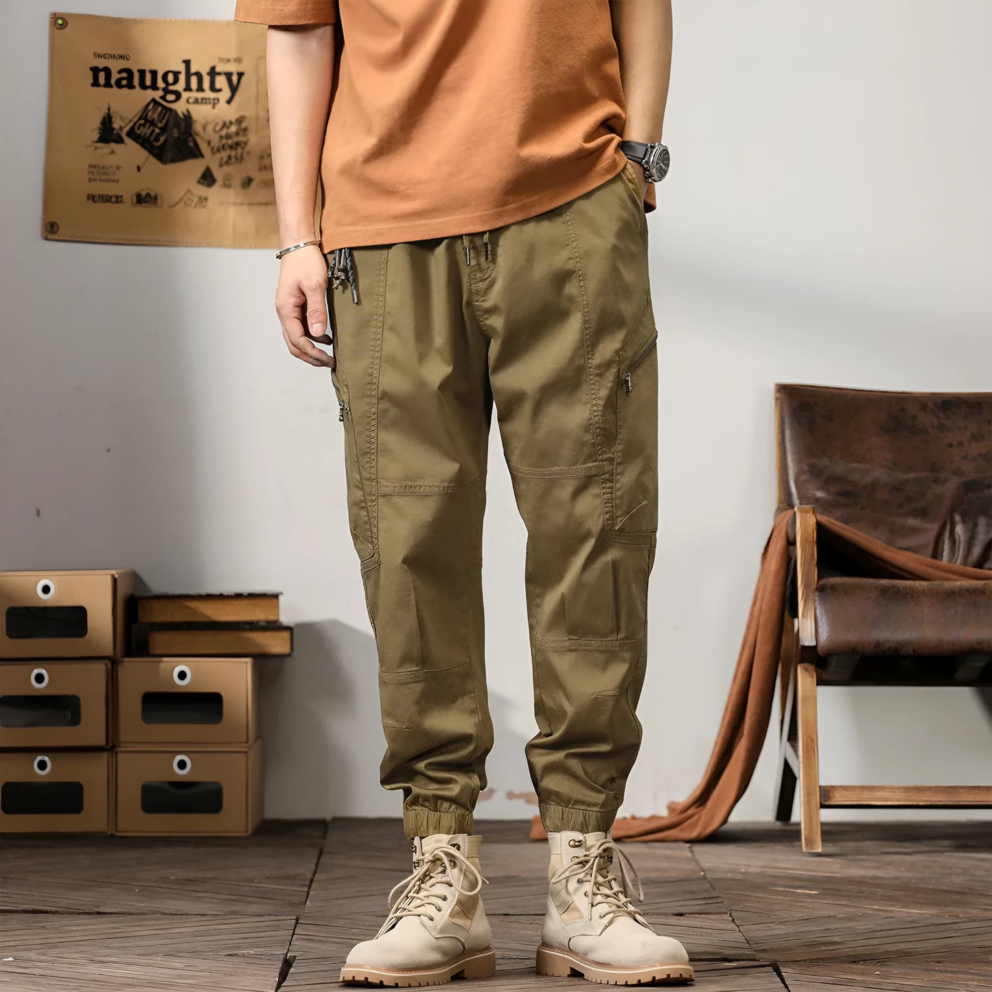 Men's cotton tapered harem trousers with ankle band in black colour