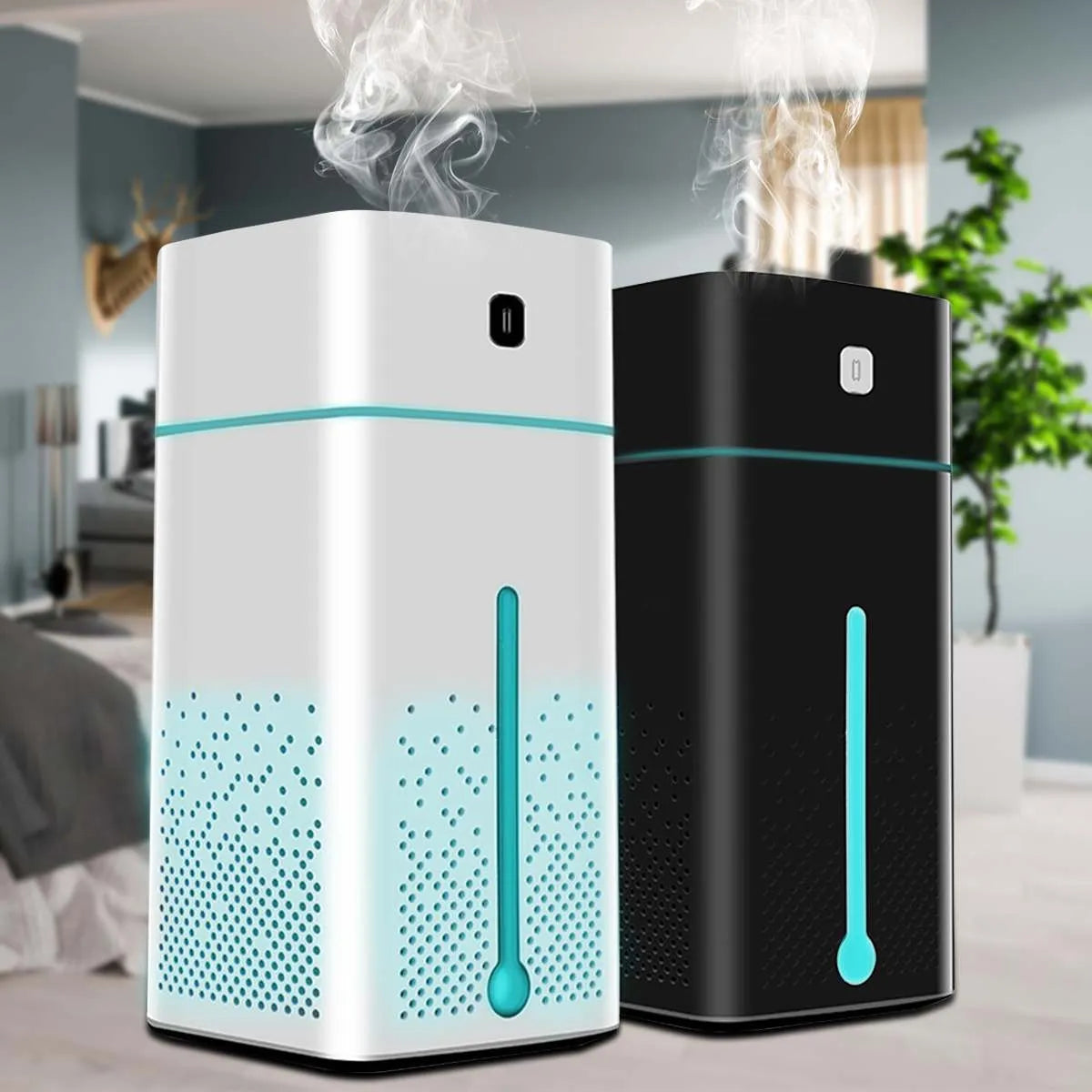Black desktop humidifier measuring 103x103x218mm with USB cable, water tank showing 1000ml capacity