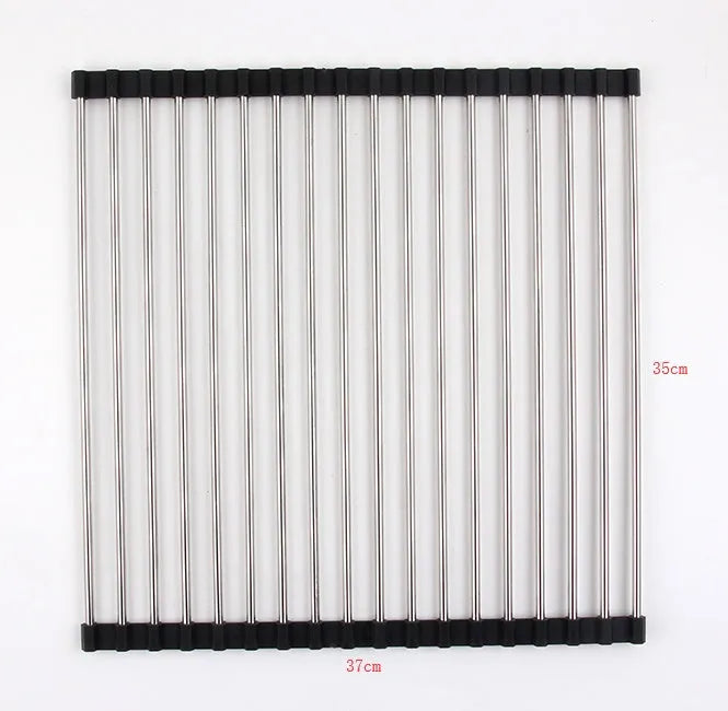 Folding stainless steel kitchen drain rack with coloured plastic tubes, shown open for use.