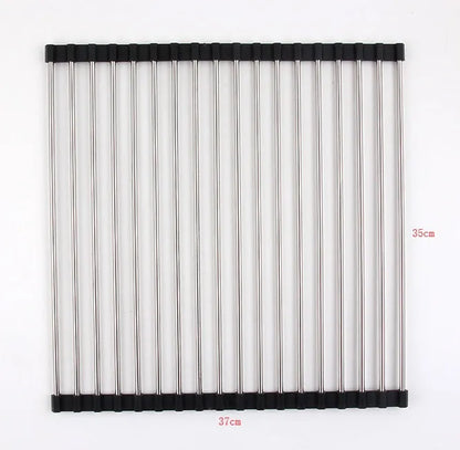 Folding stainless steel kitchen drain rack with coloured plastic tubes, shown open for use.